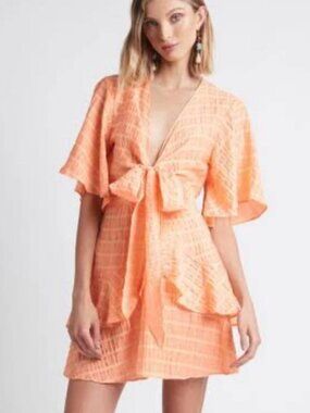 Sheike Tea Party Dress Front Tie Mini Length Flowy Peach Bold Size Small Women's